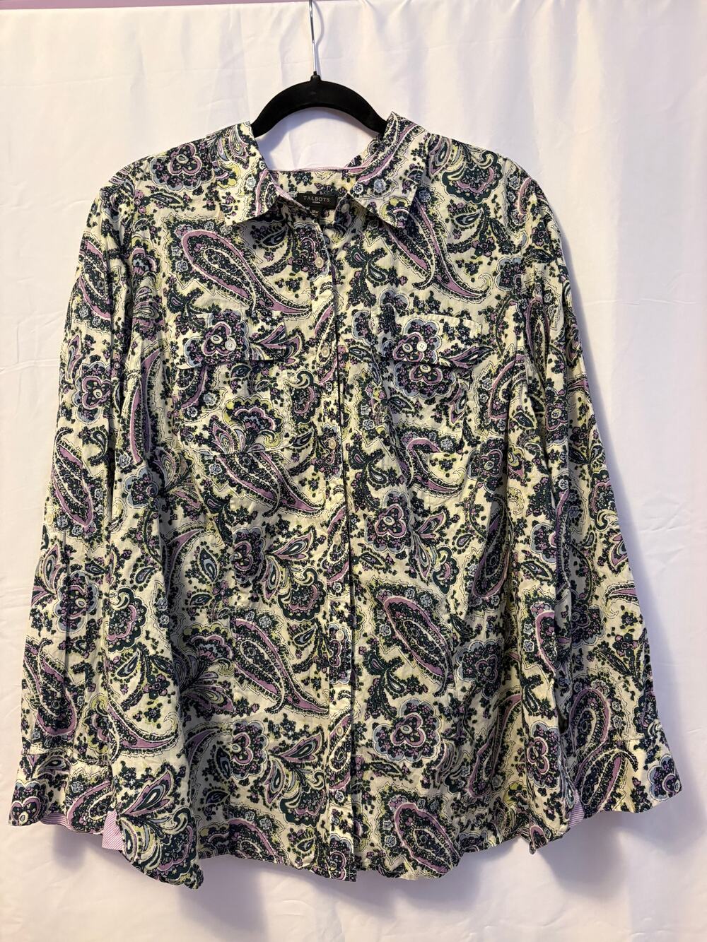 Talbots Paisley Button Shirt Top Black Purple Yellow Pockets Long Sleeve Sz 18W